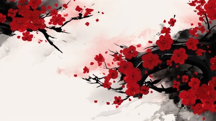 Abstract chinese, japanese ink calligraphy painting. Black and red abstract illustration painted with brush. Red flowers, black wave, cherry blossom on chinese paper. 4K background, wallpaper