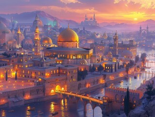 Canvas Print - Luxurious Jerusalem at dusk, with ornate palaces, domed buildings and minarets, all illuminated by golden lights