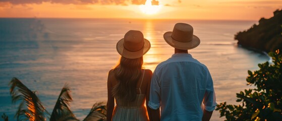 A hat-adorned woman and man sweetheart overlook a calm sea in a lush tropical setting. The wide shot captures the serene vibe, bathed in the warm glow of golden hour light.