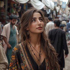 Wall Mural - Portrait of a beautiful Pakistani girl in an outdoor market