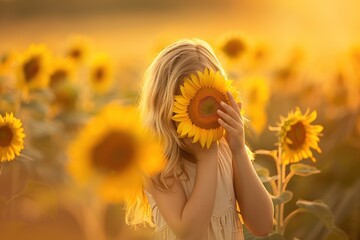 Little girl hiding her face behind sunflower while standing in summer sunflowers field