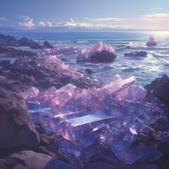 Poster - The permafrost at the earth's poles melts away, revealing purple crystals in the sea