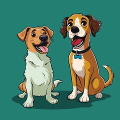 Poster - two funny dogs ,cartoon illustration style, clean green background