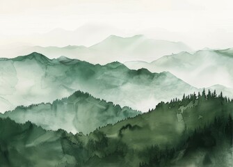 Wall Mural - watercolor painting of forest and mountain view in mist simple and artistic style
