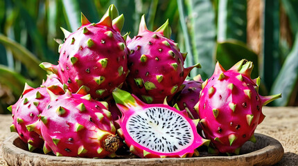 Wall Mural - Pile of dragon fruit and leaves background