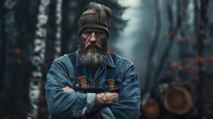 Sticker - Close up of lumberjack man wearing blue shirt and beanie hat in the middle of the forest cross arms pose. Tree logging handyman carpenter.