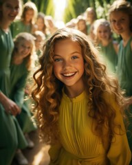 Poster - A young girl with long curly hair in a green dress. Generative AI.