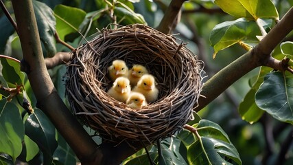 4K Close-Up: Bird's Nest Filled with Vulnerable Chicks, Nesting Haven: 4K Image Capturing Vulnerable Chicks in a Bird's Nest, Chick Sanctuary: High-Resolution Image of a Bird's Nest with Vulnerable Yo