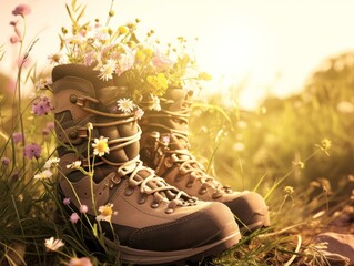 Poster - A pair of boots with flowers in them sitting on the ground. AI.