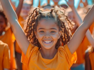 Wall Mural - A young girl with curly hair smiling in front of a crowd. AI.