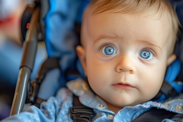 Sticker - A baby in a stroller with blue eyes looking at the camera. AI.