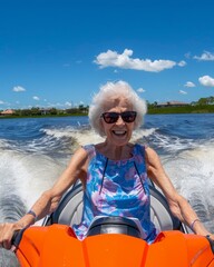 Canvas Print - An older woman riding a jet ski in the water. AI.