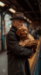 Poster - A man holding a brown dog on his lap while waiting for the train. AI.