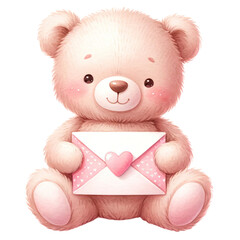 Wall Mural - Cute teddy bear holding heart envelope for Valentine's Day clipart on transparent background