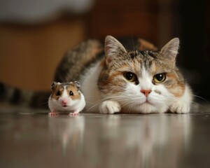 Wall Mural - A cat and a small hamster on the floor next to each other. AI.