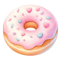 Wall Mural - Pink frosted donut with heart sprinkles for Valentine's Day clipart on transparent background
