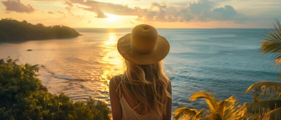 Canvas Print - A young woman, adorned with a hat, overlooks a calm sea in a lush tropical setting. The wide shot captures the serene vibe, bathed in the warm glow of golden hour light.