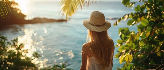 Canvas Print - A young woman, adorned with a hat, overlooks a calm sea in a lush tropical setting. The wide shot captures the serene vibe, bathed in the warm glow of golden hour light.