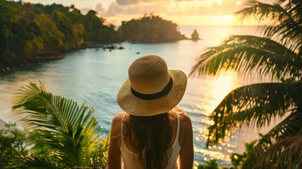 Canvas Print - A young woman, adorned with a hat, overlooks a calm sea in a lush tropical setting. The wide shot captures the serene vibe, bathed in the warm glow of golden hour light.