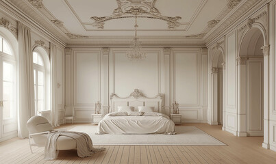 Wall Mural - 3d rendering, A large bedroom in the style of Baroque, with white walls and gold trim, parquet floor, luxurious furniture, chandeliers hanging from an intricate ceiling design