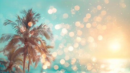 Canvas Print - Hazy sea and sky meet in a twinkling bokeh of lights, as whispering palms evoke the relaxed mood of a summer vacation.