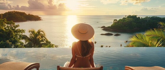 Wall Mural - A girl, adorned with a hat, overlooks a calm sea in a lush tropical setting. The wide shot captures the serene vibe, bathed in the warm glow of golden hour light.