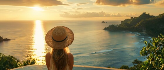 Canvas Print - A girl, adorned with a hat, overlooks a calm sea in a lush tropical setting. The wide shot captures the serene vibe, bathed in the warm glow of golden hour light.