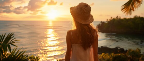 Wall Mural - A girl, adorned with a hat, overlooks a calm sea in a lush tropical setting. The wide shot captures the serene vibe, bathed in the warm glow of golden hour light.