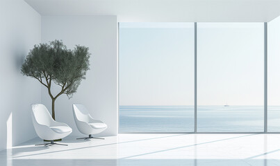 Wall Mural - 3d rendering, Minimalist white interior with large windows, an empty wall for text or product display, and a minimalist indoor plant on the right side of the room