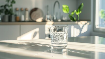 glass of sparkling water on a kitchen countertop with sunlight.