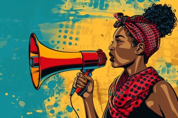 Wall Mural - African-American / black Woman with megaphone pop art retro vector for protest , activism , empowerment , speech ,demonstration