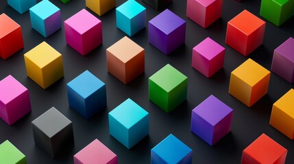 Colorful 3d cubes arranged in a grid pattern on a black background, geometric abstract concept