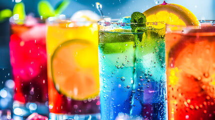 Colorful Refreshing Summer Drinks with Citrus and Mint in Glasses with Ice, Perfect for Hot Weather, Party, or Cocktail Themes, Vibrant and Inviting Beverage Photography