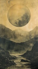 Sticker - Ethereal Mountainscape with Luminous Moon Casting Otherworldly Glow over Misty River and Valleys