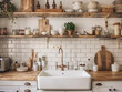 © domi002 - Rustic farmhouse kitchen with large farmhouse sink and wooden open shelving for storage and display.