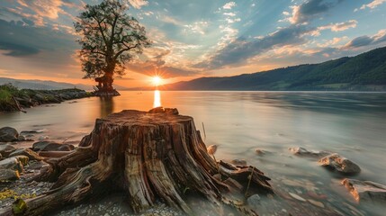 Beautiful sunset on the lake. The old tree stump on the shore, long exposure water.