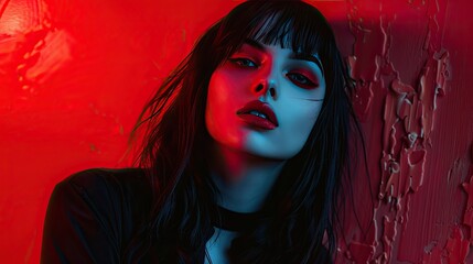 Edgy Female Portrait in Red and Blue Neon Light with Dark Makeup and Wavy Hair