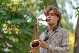 Young Musician Playing Saxophone in Park with Green Background