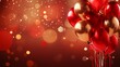 © Amina - Cluster of red balloons with golden ribbons, red backdrop, glitter details, celebratory atmosphere, rightside focus