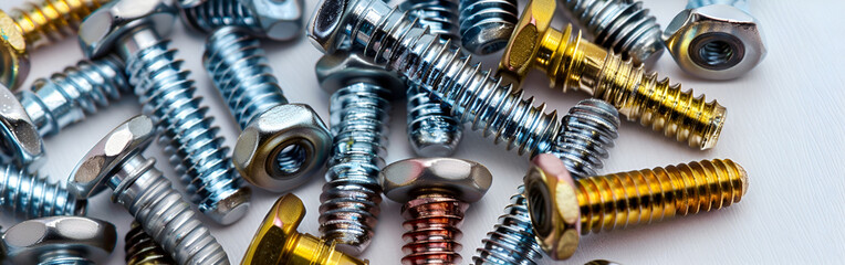 Wall Mural - Assortment of steel screws, nuts, bolts, and metal fasteners on a close-up in background 
