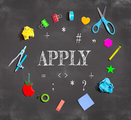 Wall Mural - Apply theme with school supplies on a chalkboard - flat lay