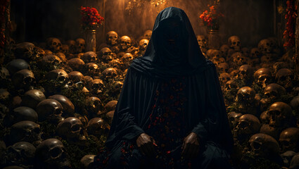 Wall Mural - A mysterious figure cloaked in shadows standing atop a pile of skulls