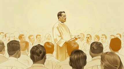 Biblical Illustration of Saint Oscar Romero preaching to a crowd, reflecting his role as a bishop and martyr. Simple attire, determined expression, attentive listeners. Beige Background, copyspace.