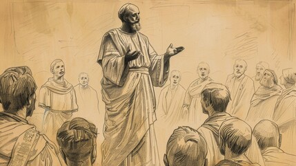 Wall Mural - Biblical Illustration of Saint Paulinus of Nola preaching to a crowd, reflecting his role as a bishop and missionary, simple attire, determined expression, attentive listeners, beige background