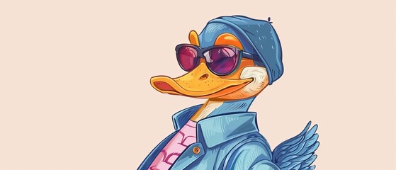 Funny duck illustration with a stylish twist, cartoon duck character. Duck wearing sunglasses, hat, or other accessories.