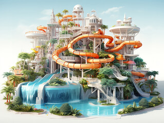 Gorgious Scene with waterslide in the waterpark on white background