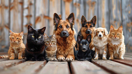 Wall Mural - A group of cats and dogs sitting together on the wooden floor, with various colors of fur