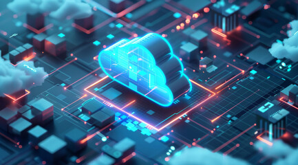 Wall Mural - A cloud icon with data flowing out is depicted in the style of digital technology background with glowing lights and holographic effects in an isometric perspective.