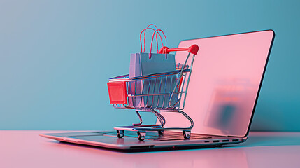 Wall Mural - A laptop with a shopping cart and bags on the screen, pastel background, minimal concept of online retail sales, ecommerce or digital marketing.