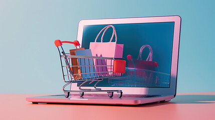 Wall Mural - A laptop with a shopping cart and bags on the screen, pastel background, minimal concept of online retail sales, ecommerce or digital marketing.